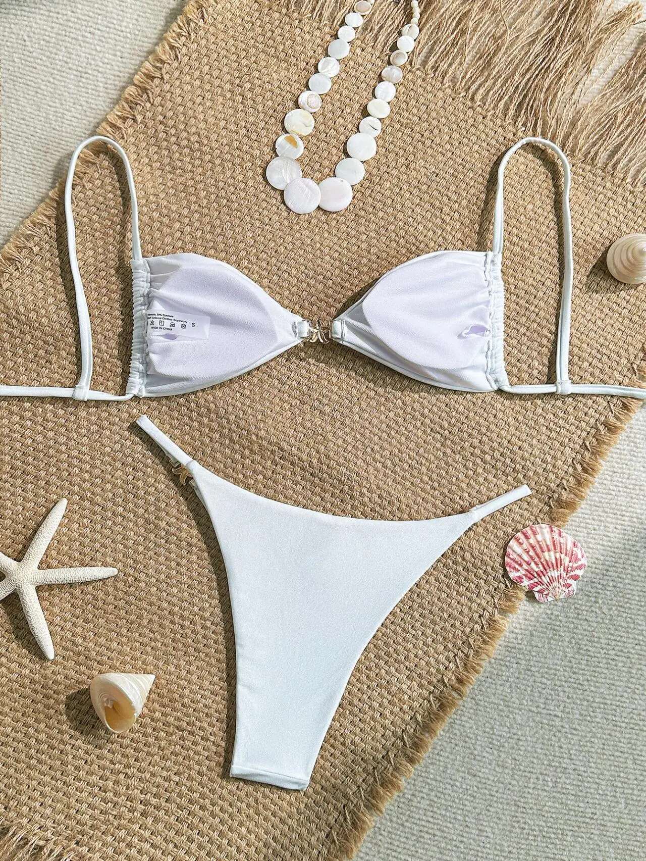 Dongdumaoyi Sexy White Bikinis Sets Women Metal Starfish Pleate Push Up Bra Thong Swimsuit Summer Bathing Suit Micro Swimwear Biquini