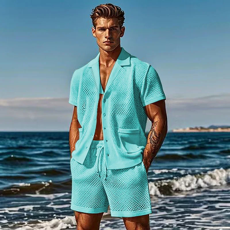 European and American mens casual comfortable sportswear refreshes solid color hollow air breathable short sleeved pajamas 250313