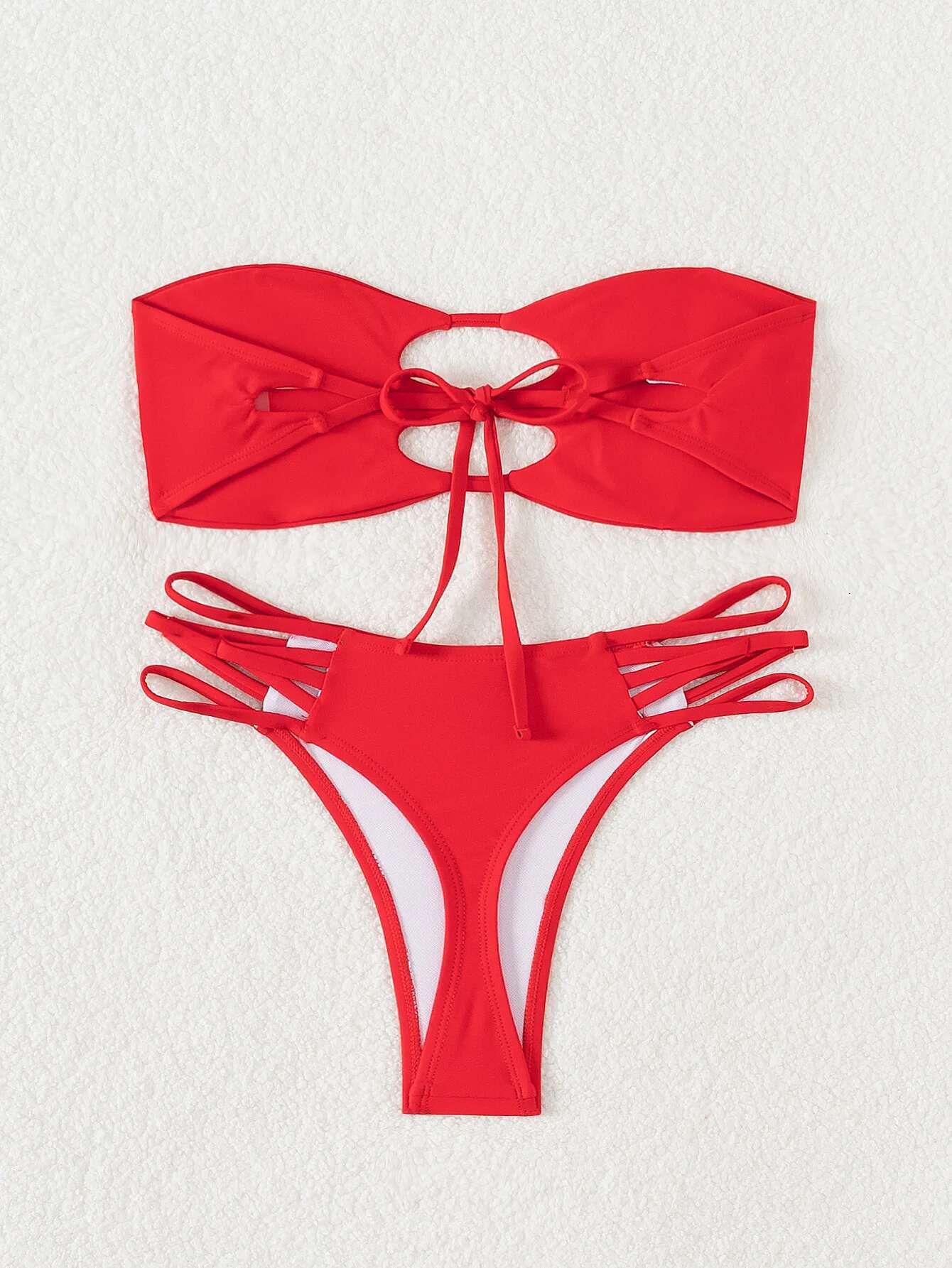 Dongdumaoyi Sexy Bandeau Bikini Mujer Solid Red Hollow Out Bandage Cross Push Up Micro Swimsuit Beach Bathing Suit Thong Swimwear