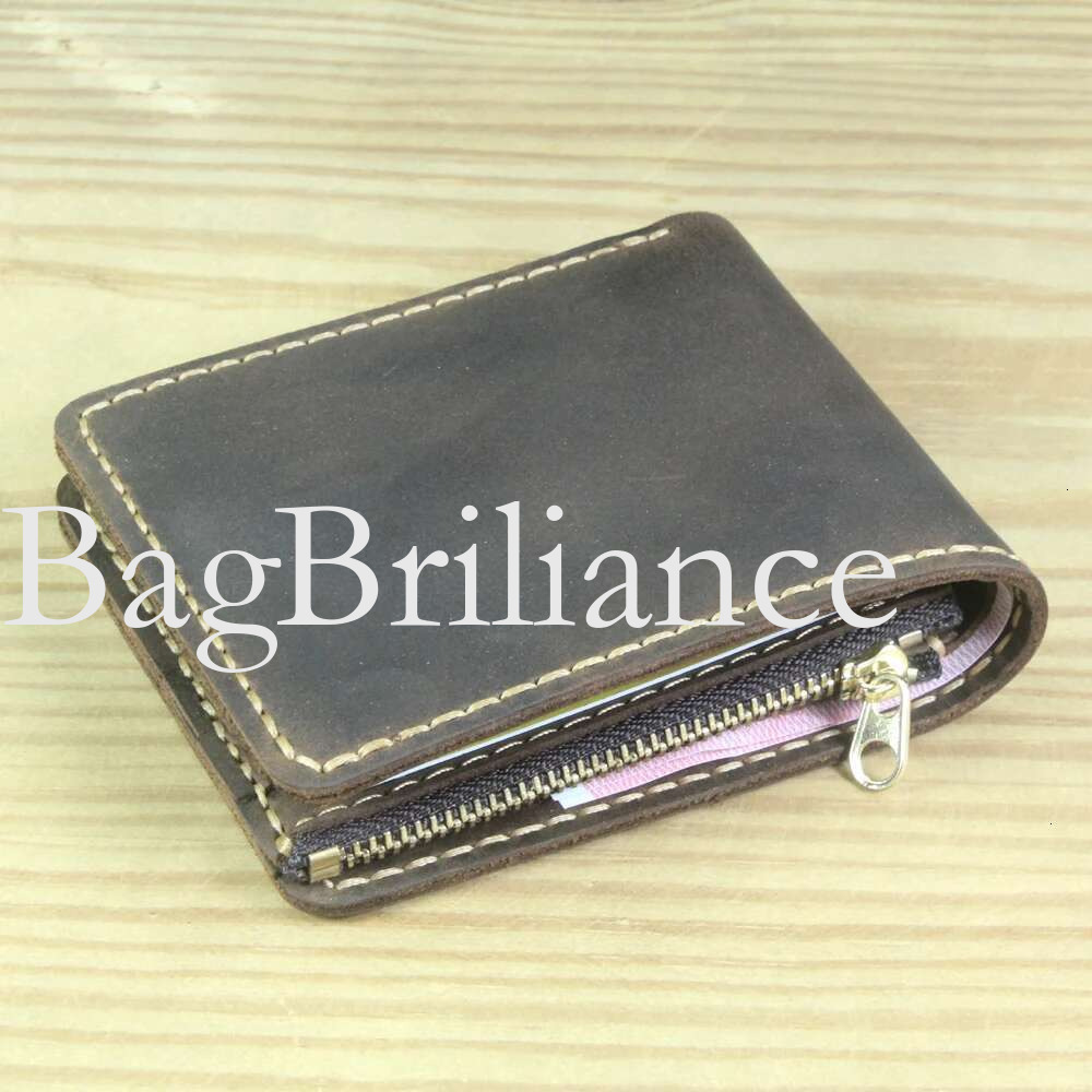 Handmade Genuine Men Wallet Bifold Purse Male Wallets Short Clip Vintage Leather Money Bag with zip pocket