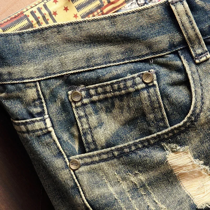 Summer Mens Ripped Denim Shorts Fashion Patchwork Hole Short Jeans Korean Loose Straight Kneelength Pants Male 250313