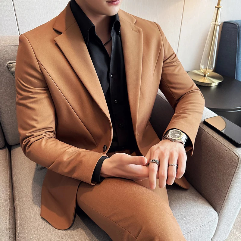 JacketPants Mens Solid Color Business Social Wedding Party Set Fashion Mens Banquet Ultra Thin Fit Dress Jacket and Trouser 250402