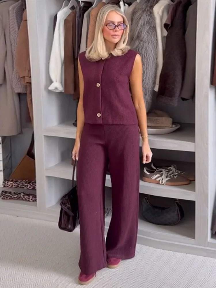 Knitted vest twopiece set womens casual sleeveless single chest cardigan wide leg Trouser spring minimalist loose suit 250407