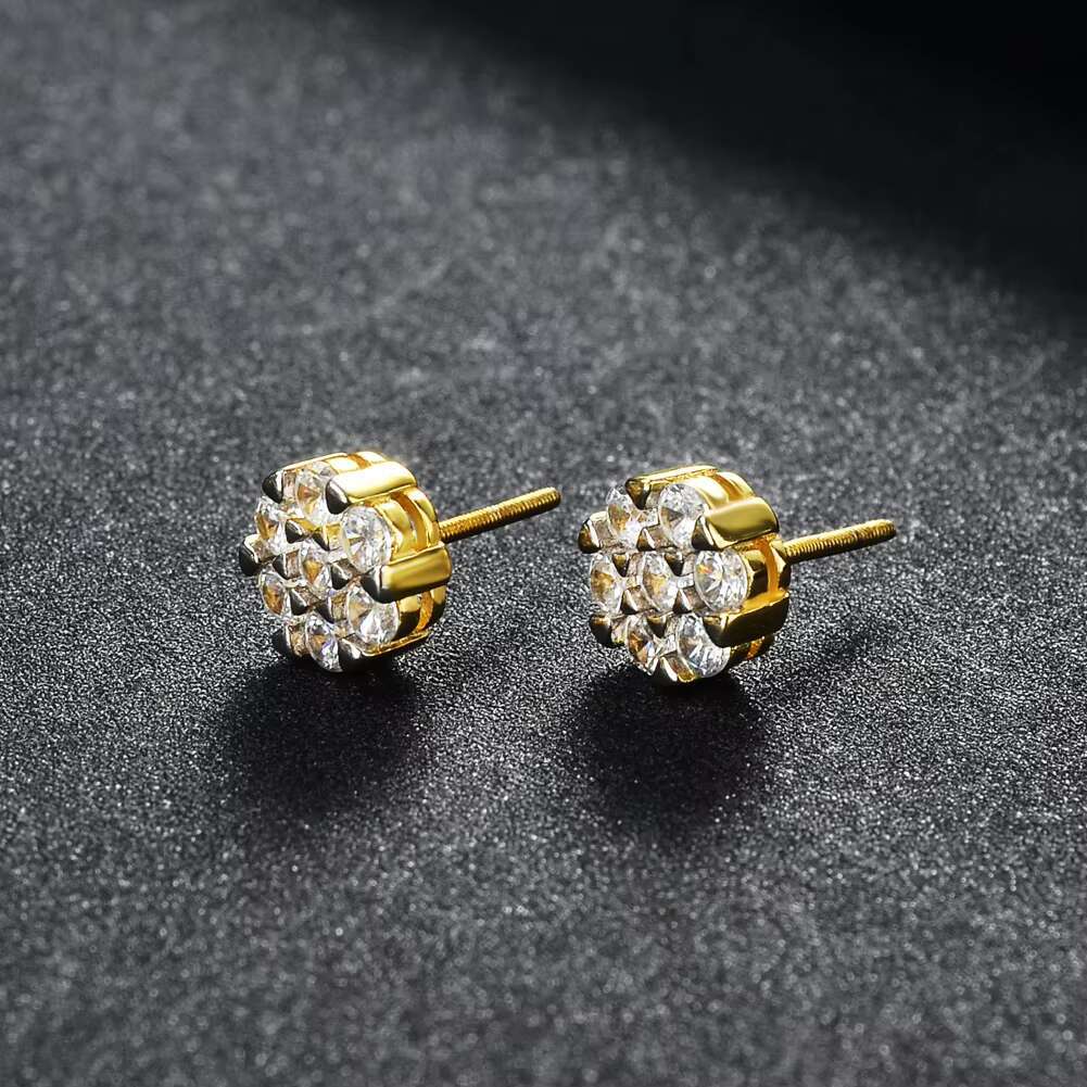 Wholesale Price High Quality Original Fine Jewelry Cubic Zircon Diamond Gold Plated 925 Silver Flower Stud Earrings for Men