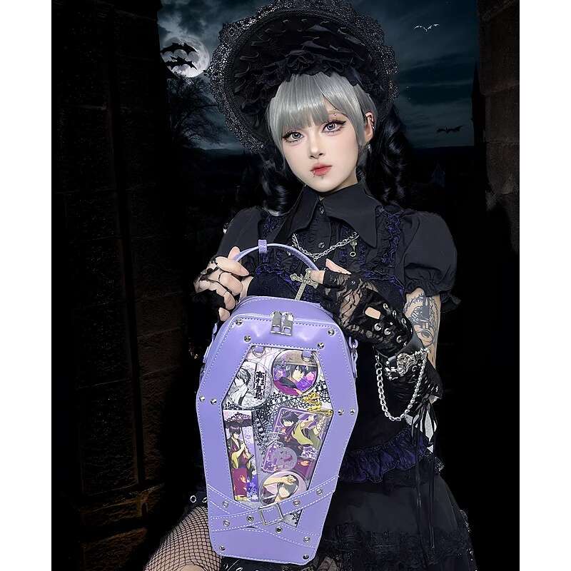Helloween Goth Coffin Women Backpack Dark Punk Ita Crossblsy Bags For Girls Student Clear Window Black Shoulder Bag Female Purse