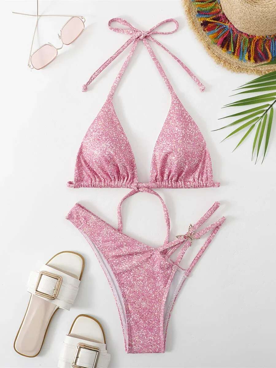 Dongdumaoyi Shiny Pink Bikini Mujer Swimwear Women Sexy Push Up Butterfly Designer High Waist Swimsuit Summer Bathing Suit Biquini