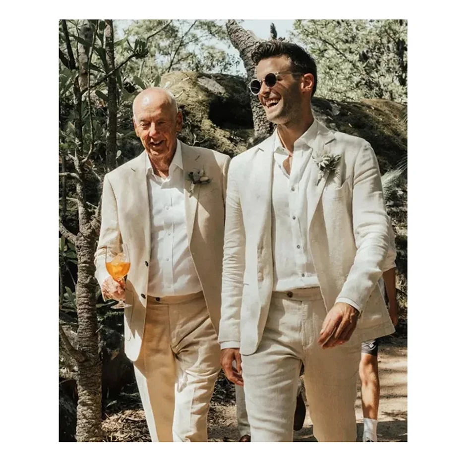 Mens wedding set beige linen 2-piece jacket pants single chest jacket mens slim fit smart waist mens clothing 250402