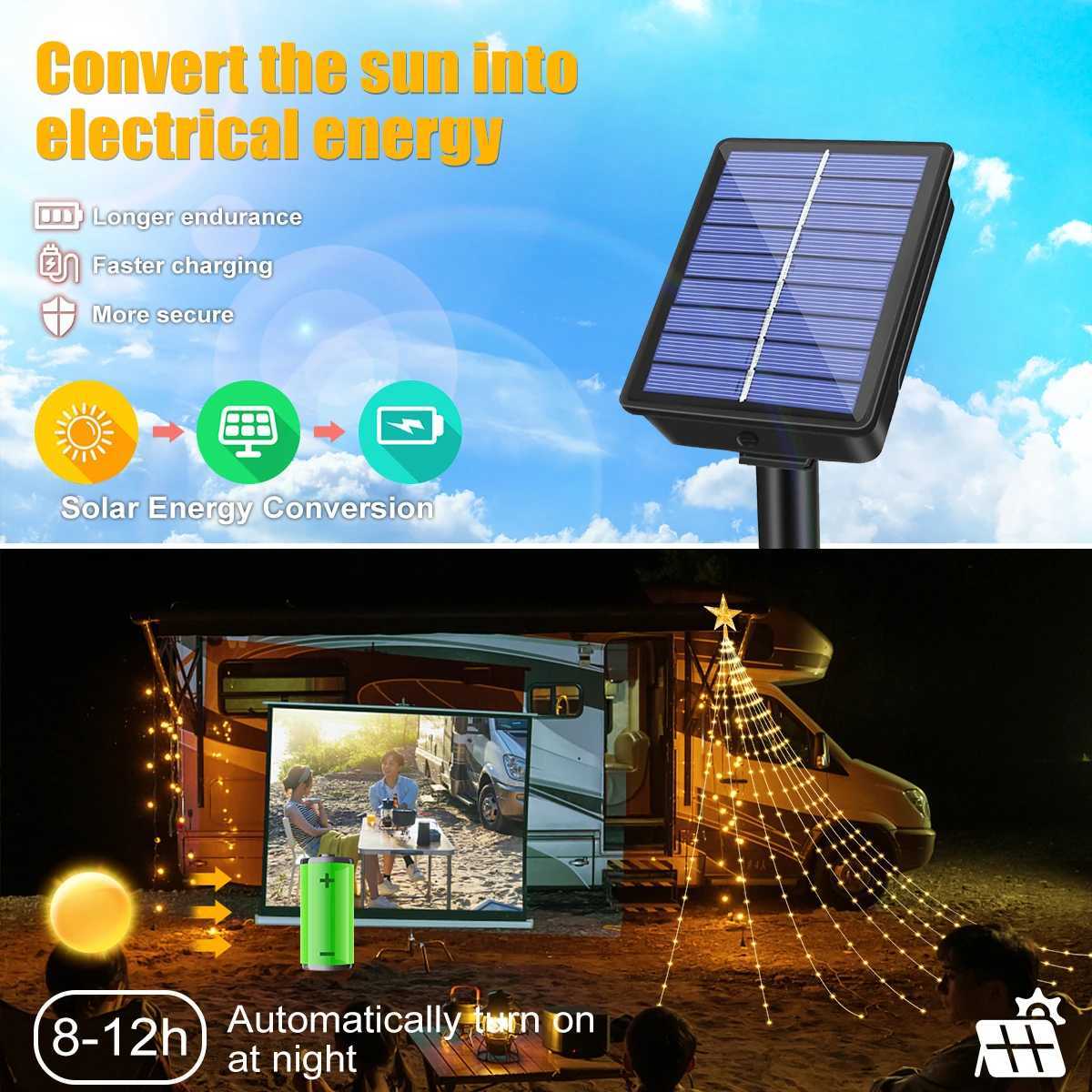 Solar Christmas Decoration Star String Lights 2/3M 8 Modes Waterfall Christmas Tree Fairy Lights for Outdoor Wedding Holiday W251107