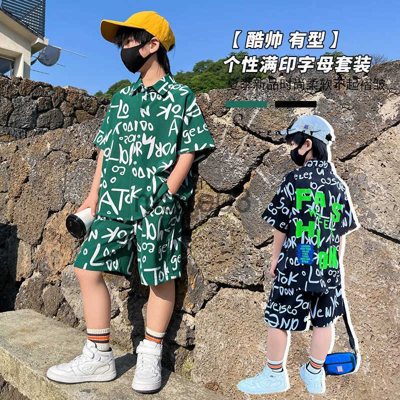 Summer set letter printed T-shirt+shorts 2 pieces sportswear youth boys party clothing 3-14 years J250403