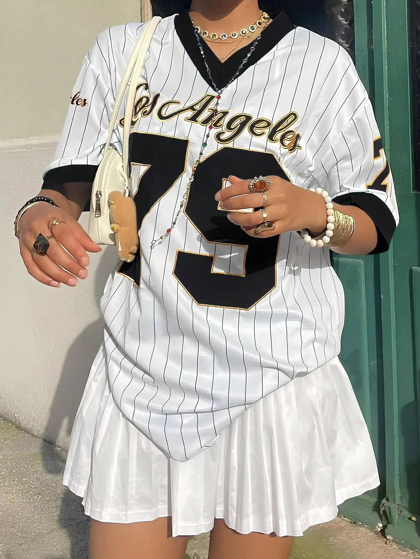 Los Angeles womens letter printed Vneck short sleeved Tshirt summer graphic baseball shirt oversized sports 250407