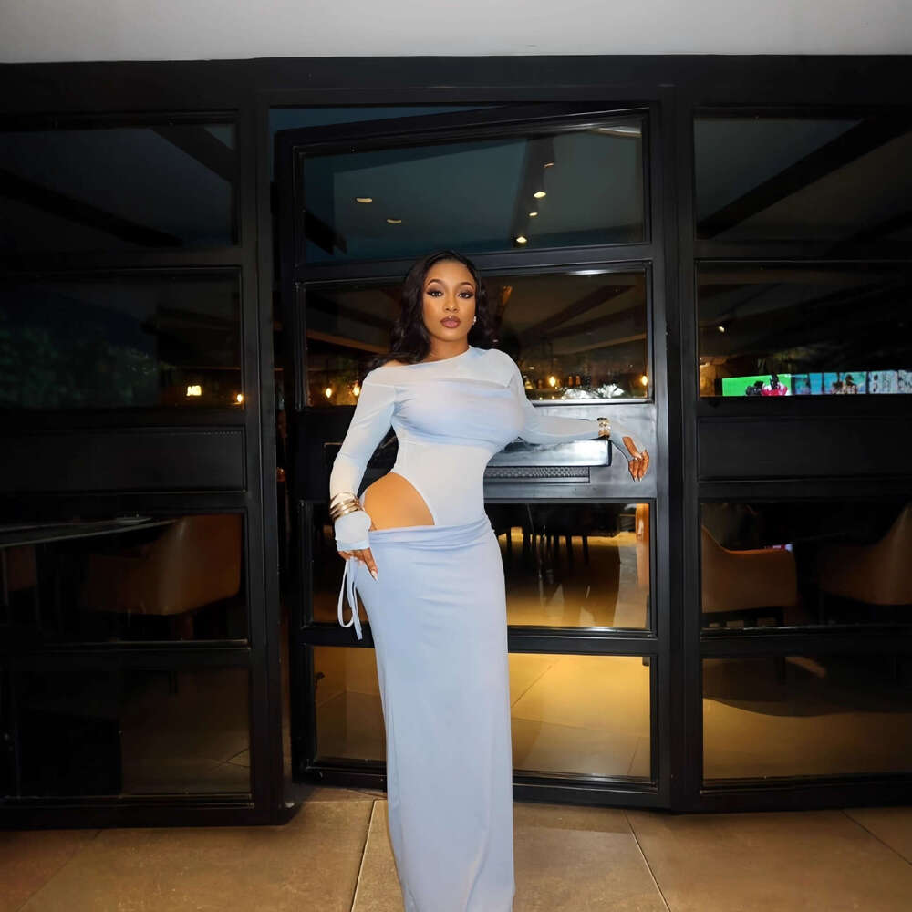 2025 Winter New Cross-Border Women's Fashion Solid Color Long Sleeve Sexy Slim Tie Half Skirt Two-Piece Set