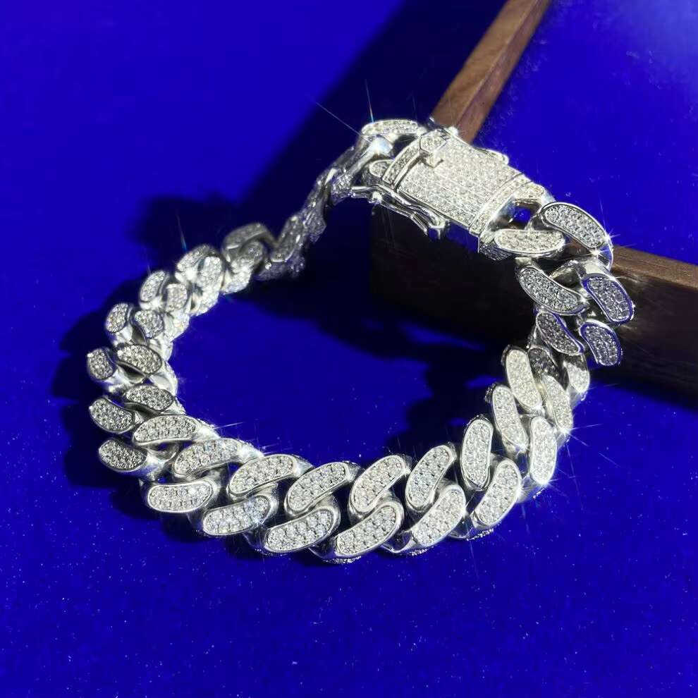 13MM Hip Iced Out 925 Sterling Silver Moissnaite Diamonds VVS D Zircon Rhodium Gold Plated Cuban Link Bracelets