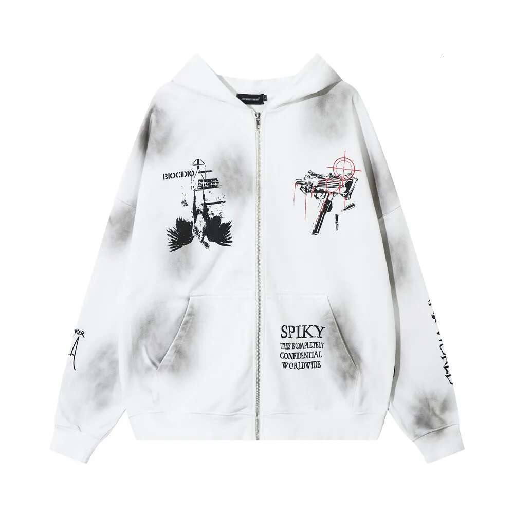 Distressed Double-Sided Printed Hoodies Mens High Street Autumn Pocket Loose Long Sleeve Hooded Outerwear Men