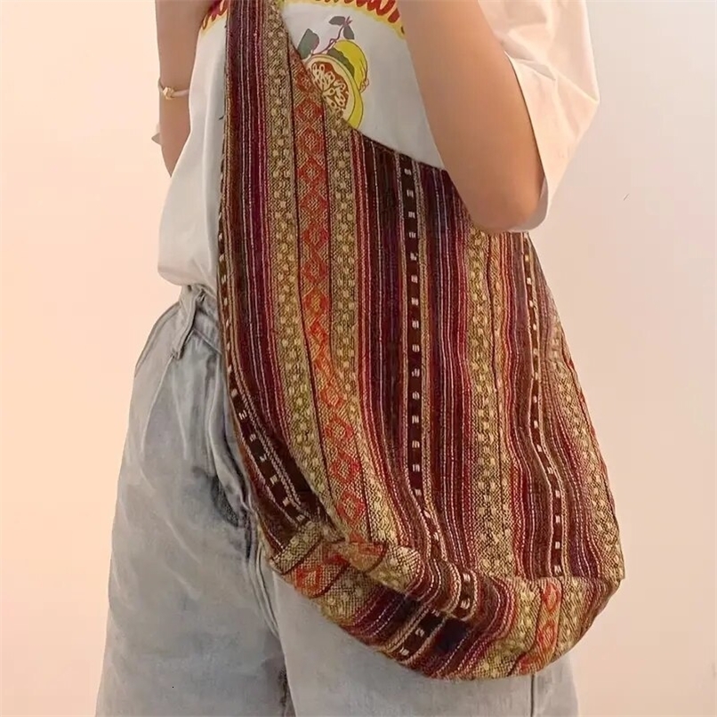 Fashion Bohemian Canvas Shoulder Crossbody Bag Womens Large Capacity Versatile Ethnic Style Shopper Tote Bag 250407