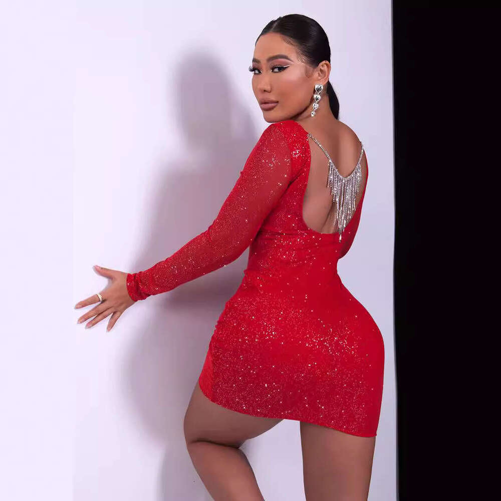 2025 Cross-Border Women's Fashion Sexy Elegant High-End Socialite Slim-Fit Slimming Black Silk Shiny Backless Dress