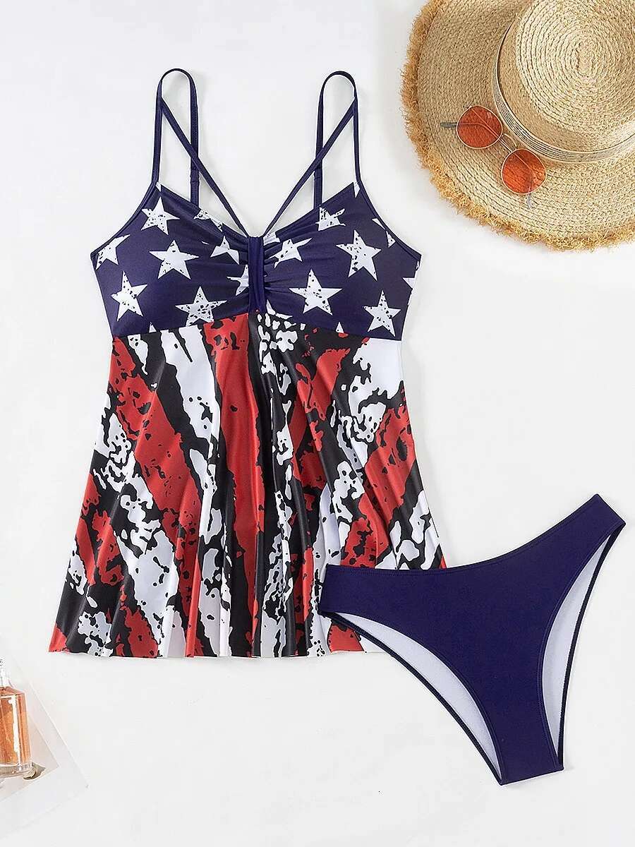 Dongdumaoyi Women S Piece Tankini Swimsuit Summer New Beach Vacation Sling Backless Bikini Dark Blue American Flag Style Bathing Suit