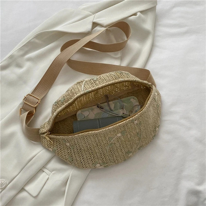 Womens suspender backpack chest cross body bag fashionable straw woven small waist bag summer casual messenger shoulder bag 250402
