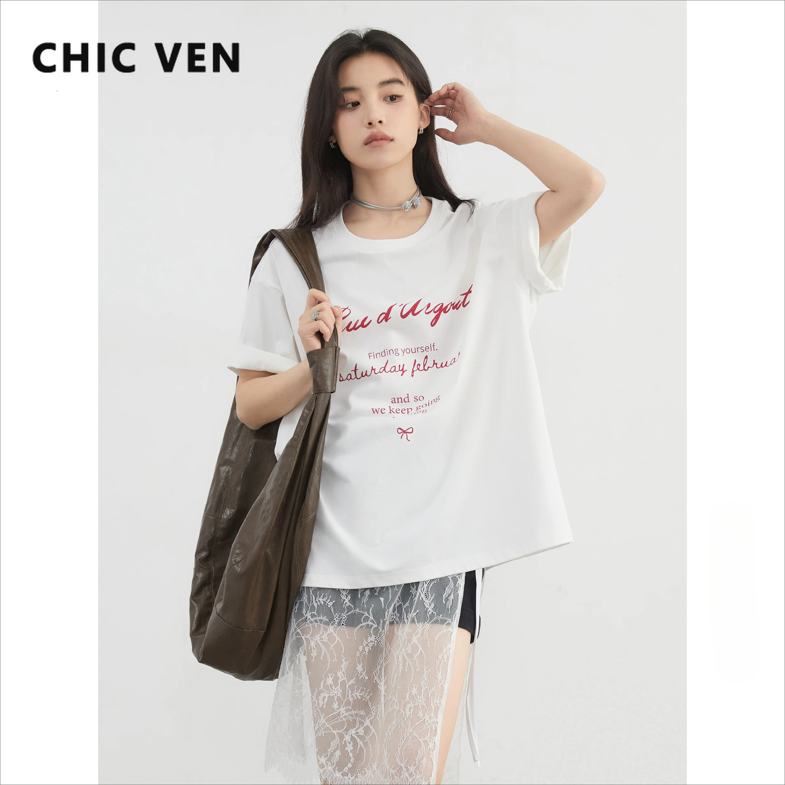 CHIC VEN Womens Tshirt Loose Casual Oneck Short sleeved Letter printed Top SpringSummer 250407