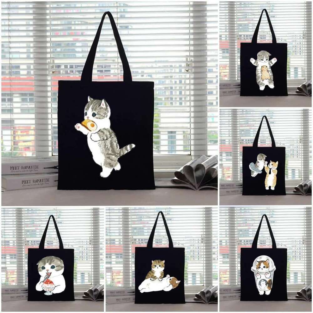 Printed Canvas Cat Tote Haruku Shoulder Shopping Bag Women Cute Kitten-Themed Eco-friendly Handbag