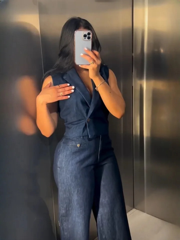 RARA Summer Womens Short Denim Tank TopStraight Wide Leg Jeans Fashionable and Unique Set 250407