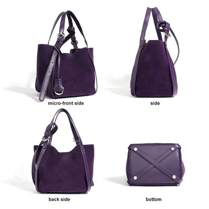 Cowhide Leather Women Tote Large Capacity Senior Vegetable Basket Bucket Bag Suede Single Shoulder Crossbody Pack