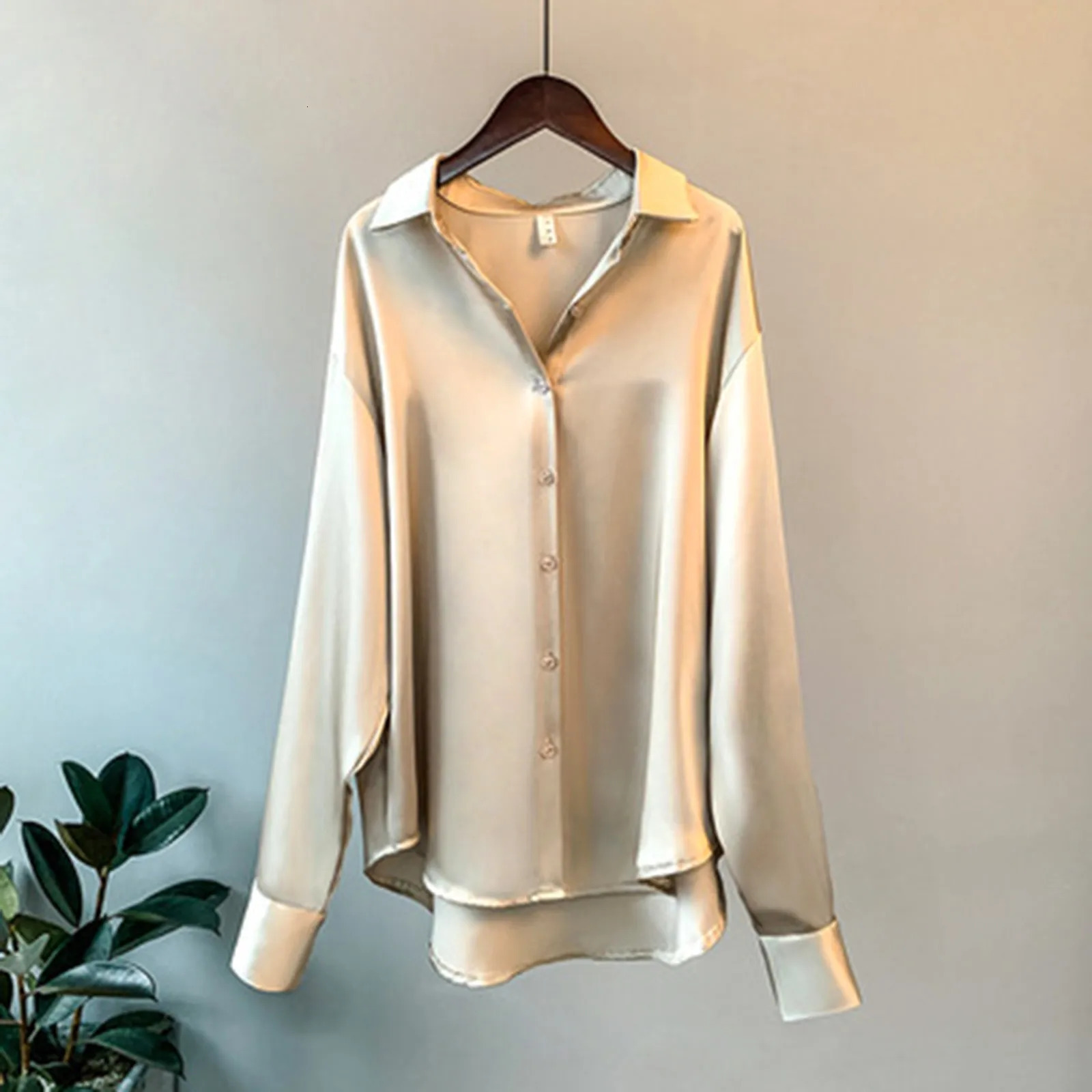 Silk satin office ladies elegant shirt and shirt Korean button satin womens retro long sleeved white top 250402