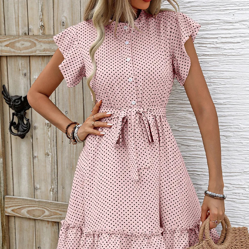 Womens elegant polka dot short sleeved A-line dress for beach vacation in spring and summer womens O-neck lace button midi dress 250402