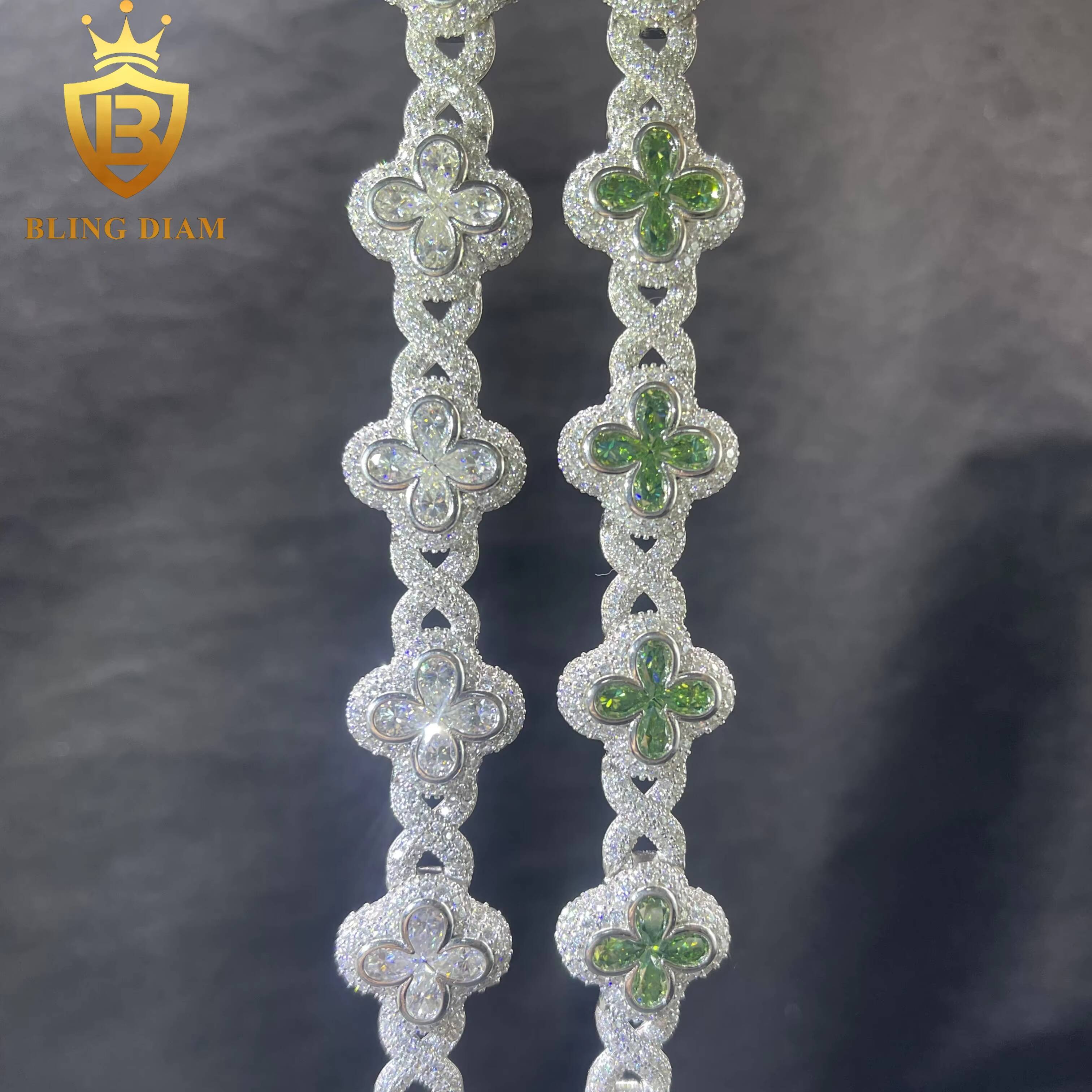 Iced Out Bracelet 4 Leaf Clover Flower 925 Sliver Fine Jewelry 18mm Green Stone Vvs Pear Cut Moissanite Gra Certificate