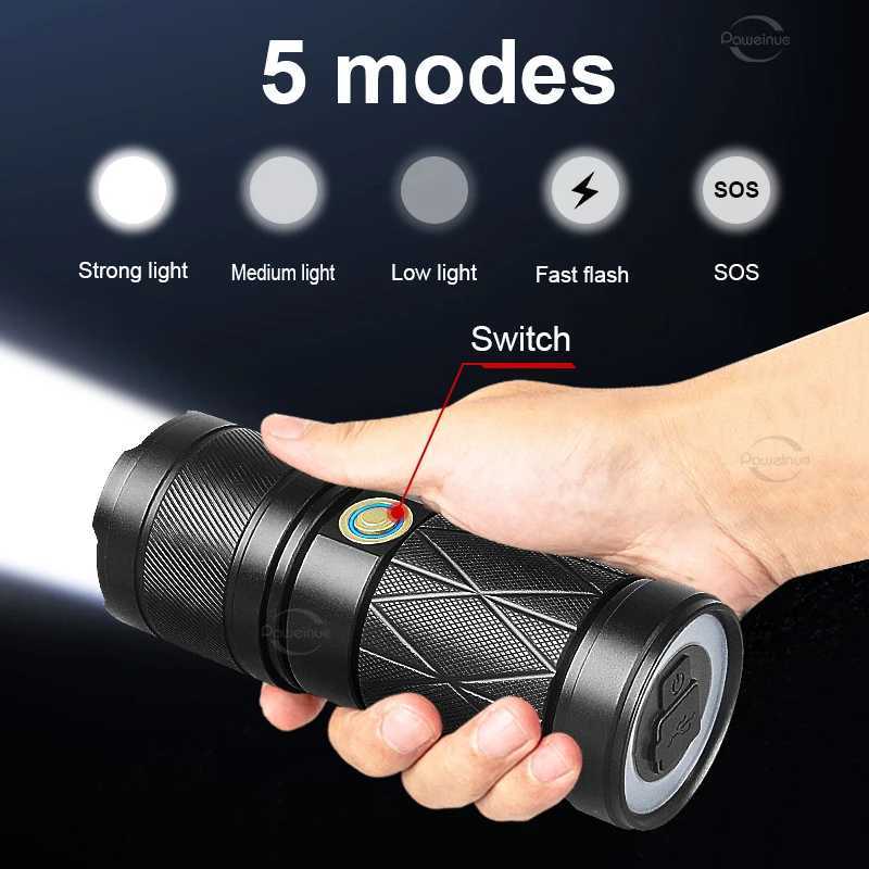 99000000LM Power Flashlights 8500M LED Flashlight USB C Rechargeable 1000W Flash Light Zoom Tactical Lantern 9900mah BatteryW251106