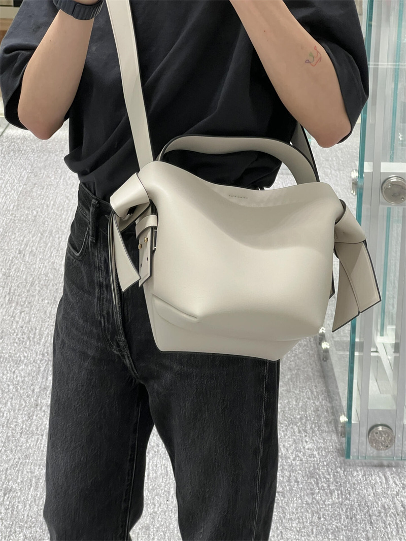 Swedish Niche AS Women's Cowhide Simple Bow Handbag Bucket Single Shoulder Crossbody Bag