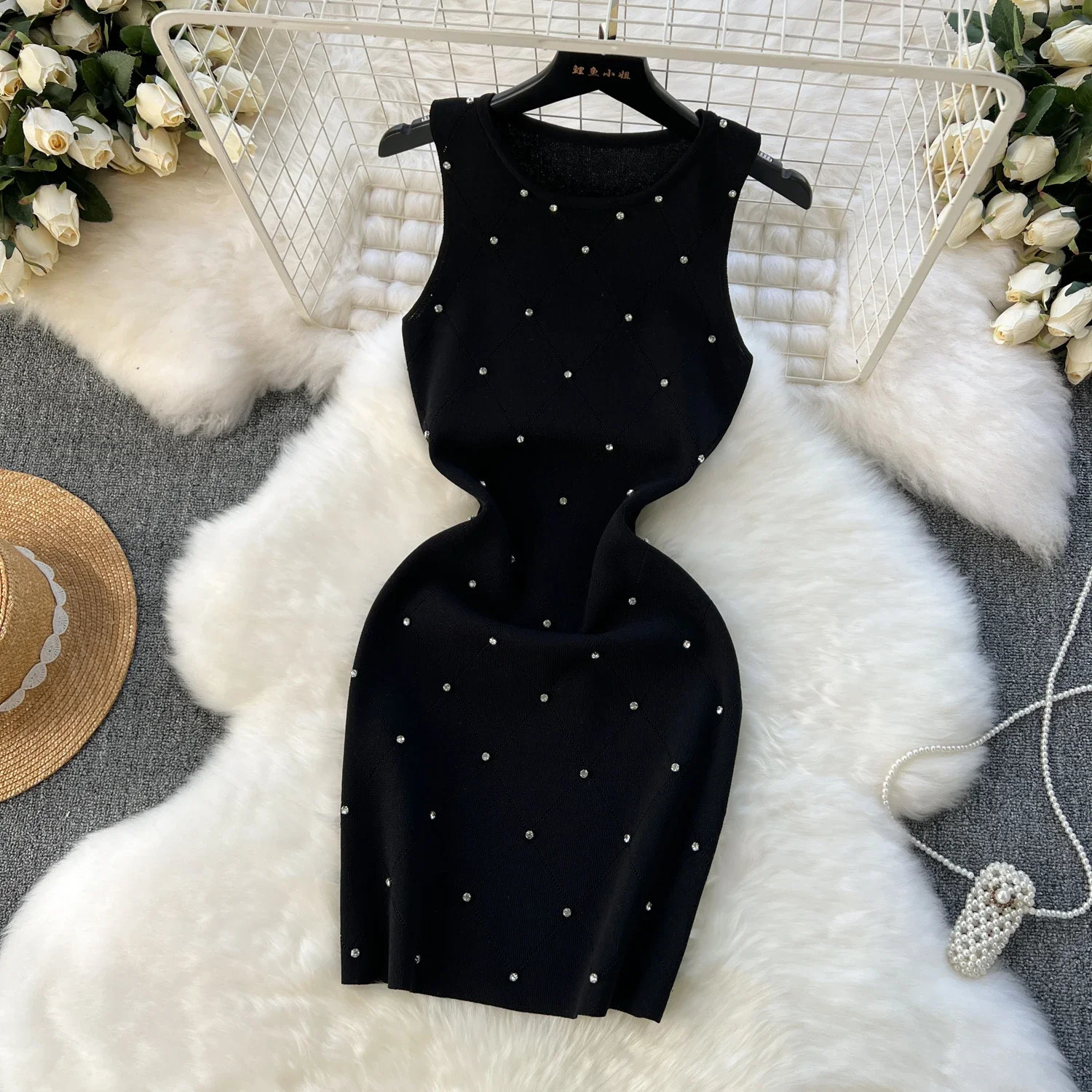 Beaded summer womens knitted jacket vest dress womens tight corset sleeveless mini dress 250402