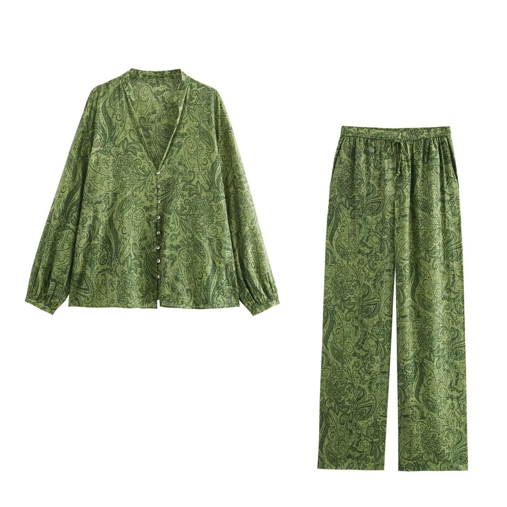 Kar Otza Womens Vneck Fashion Versatile Printed Casual Loose Pants Set 250407