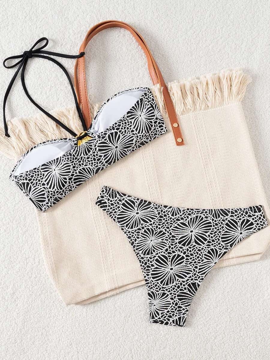 Dongdumaoyi Sexy Metal Water Droplet Ornament Bikini Set Women Black Floral Print Push Up Swimsuit Holiday Bathing Suit Thog Swimwear