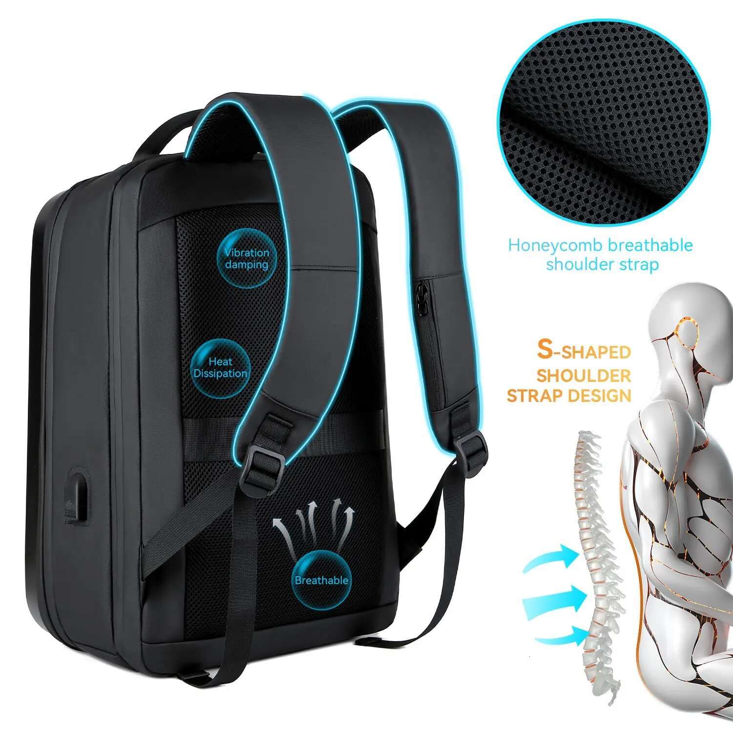 Men's 17.3 Inch Laptop Waterproof Hard Shell Bag 35L Business Travel Backpack With USB Charging Port Mochilas De Hombre
