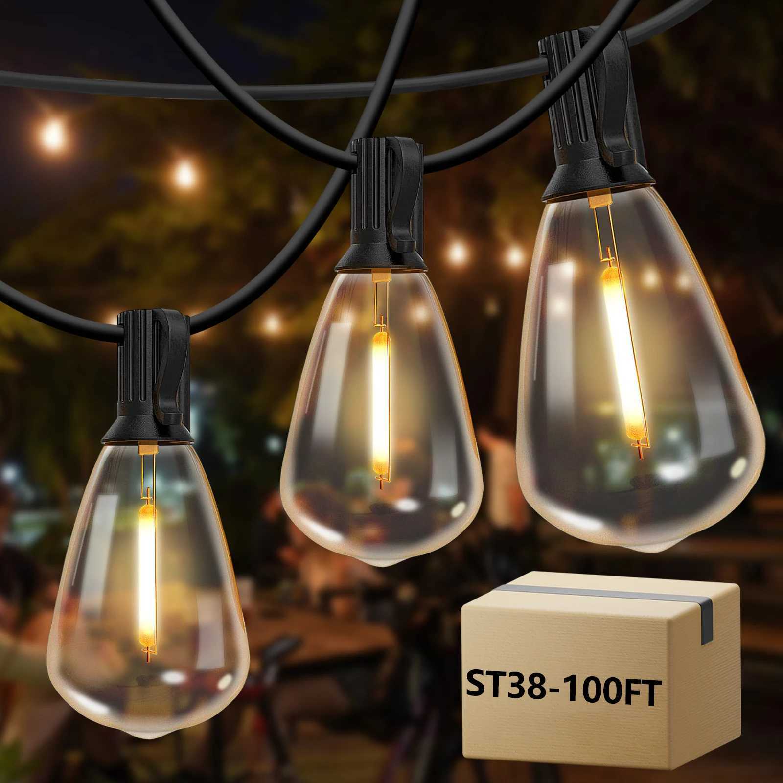 100ft Outdoor String Lights Waterproof ST38 Globe Led Patio Lights with 24 Edison Vintage Bulbs Connectable Outdoor Lights for W251107
