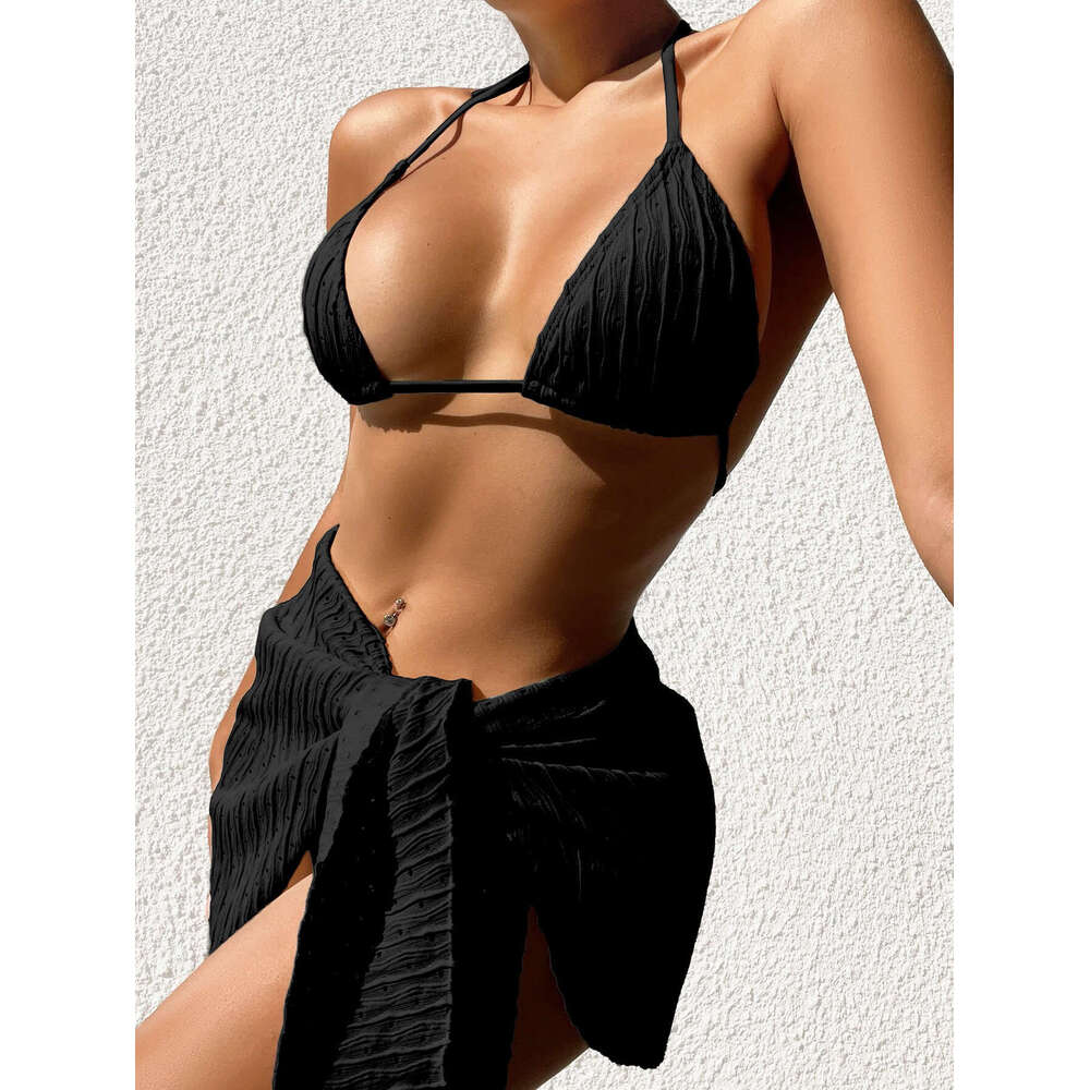Female new 2025 three piece set split sexy neck hanging mesh skirt swimsuit bikini Asia