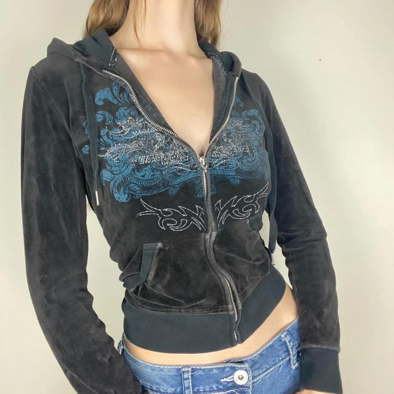 Womens jacket with rhinestone print pattern long sleeved hooded zipper suitable for Spring and Autumn Y2K retro Cardigan Gothic style 250403
