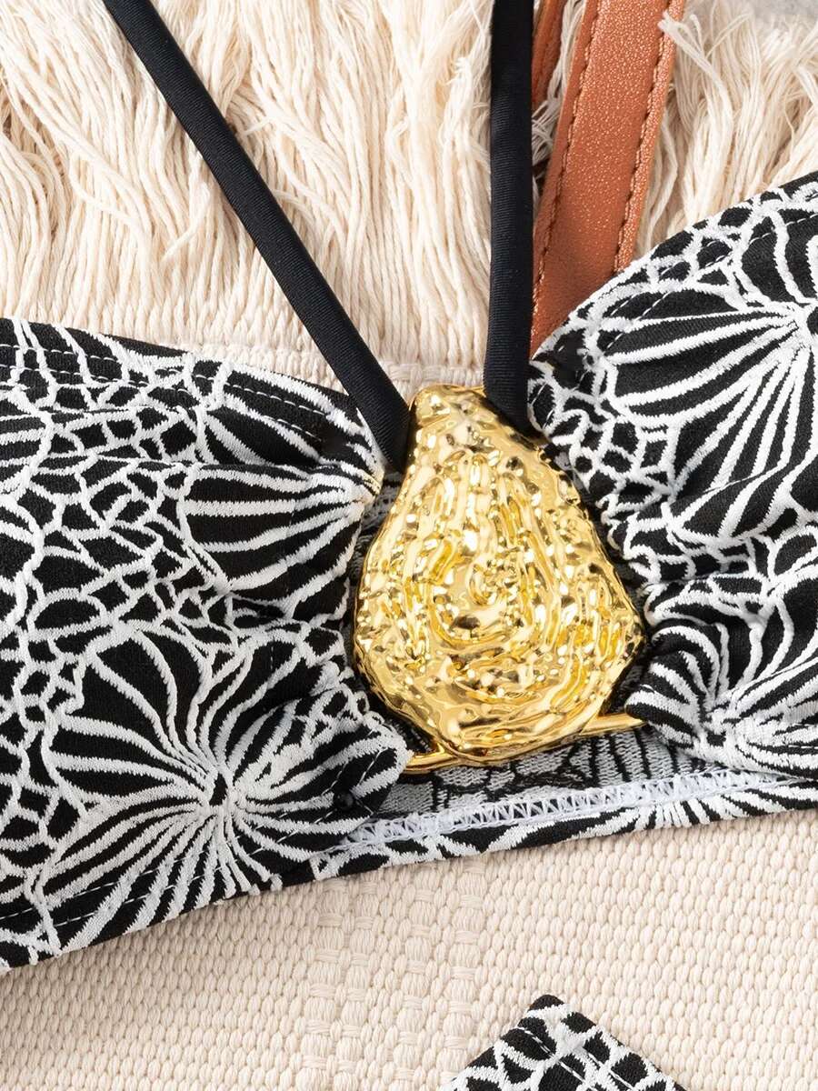 Dongdumaoyi Sexy Metal Water Droplet Ornament Bikini Set Women Black Floral Print Push Up Swimsuit Holiday Bathing Suit Thog Swimwear