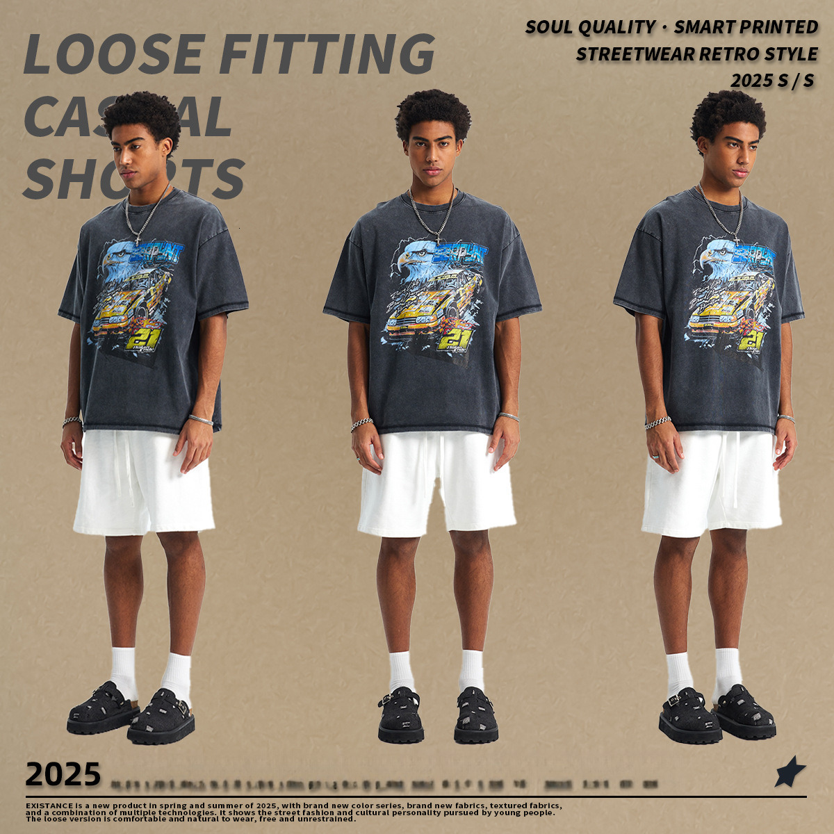 2025 Summer High Street Trendy Brand Loose Small Collar Wax Printed Sleeves, Made Old, Washed Men's Short T-Shirts