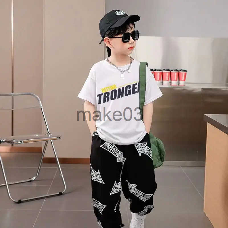 Boys set summer short sleeved T-shirt+loose pants 2PCS hip-hop childrens clothing for teenagers 8 10 12 14 years old J250403GR0X