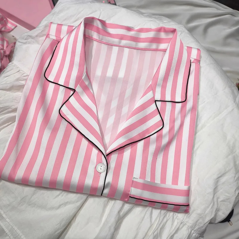 Womens sleepwear set summer 2piece short sleeved top and shorts synthetic silk satin soft stripe printed home clothes 250313