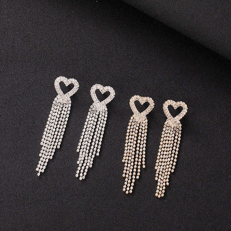 Double row peach heart claw chain, welded long short tassel style, sier and gold electroplated earrings recommended