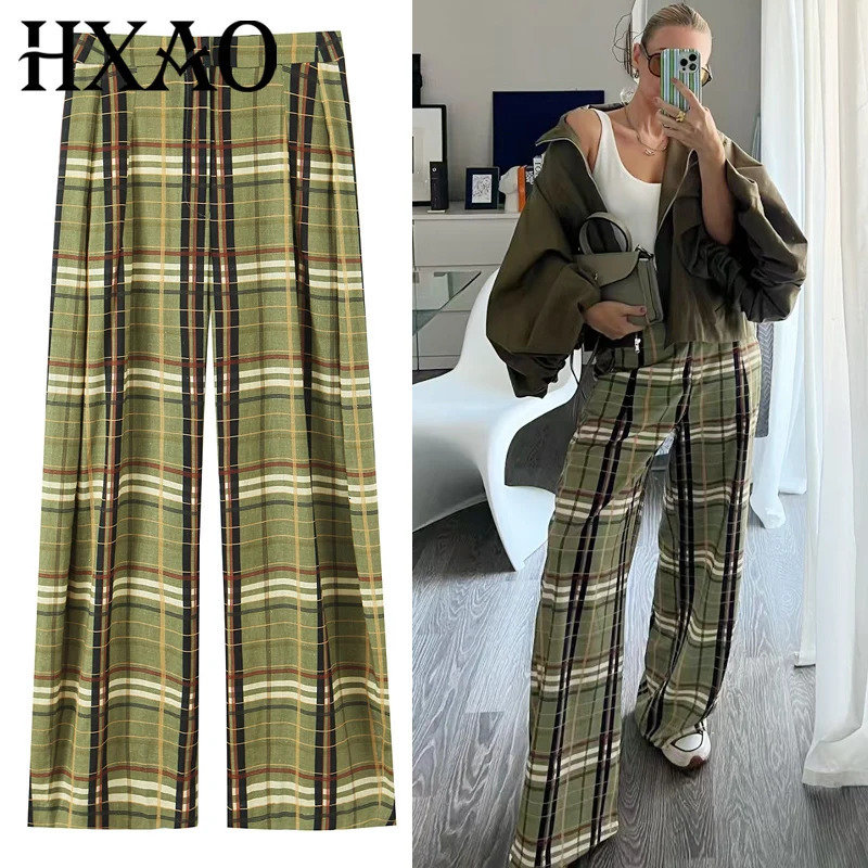 HXAO Plaid Baggy Pants Womens Pants Autumn 2025 Ladies Fashion Oversize High Waist Trousers Elegant Wide Leg Street Wear Pants251103