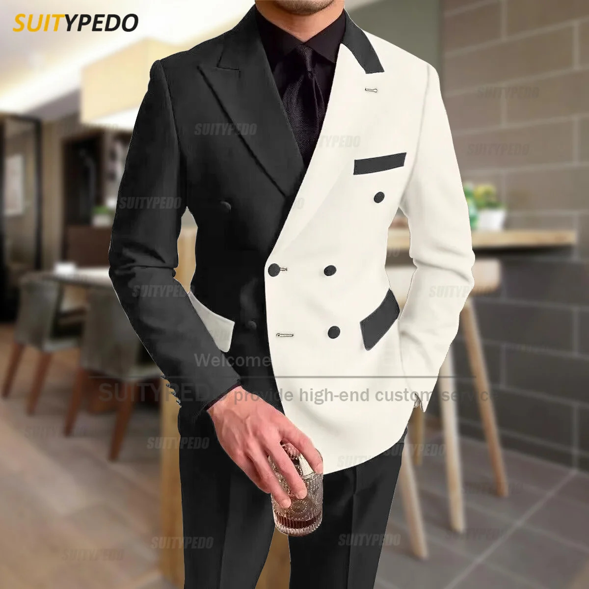 Fashionable black ivory patchwork mens casual party classic double chest jacket evening dinner elegant jacket set 250402
