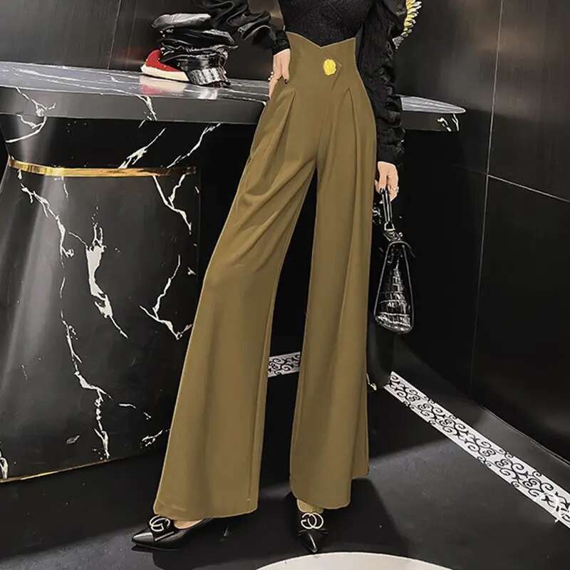 hoodie Women's Wear Stylish Spring Autumn High Pants Folds Female Clothing Three-Dimensional Decoration Basic Spliced Wide Leg Waist Trousers jac