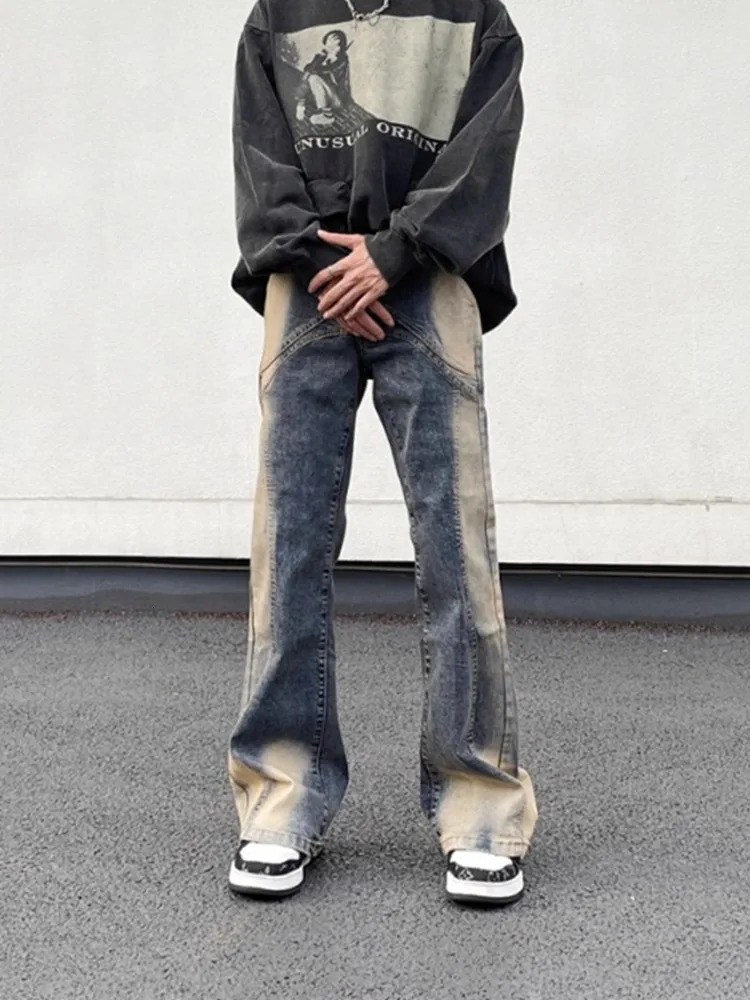Cyber Y2K Streetwear Tie Dye Patch Work Bag Flash Jeans Mens Retro Blue Old Denim Trouser Ropa Hombre 250403