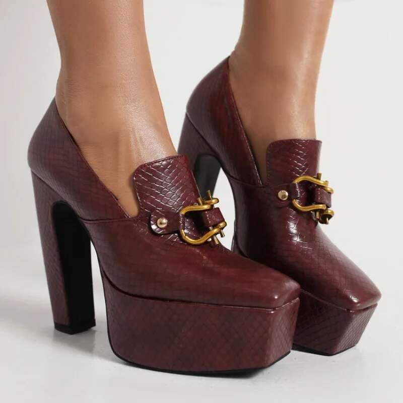 Spring Autumn New Styles Fashion High Women Shoes Solid PU Metal Decoration Square Toe Slip-On Party Heels Women High 13Cm