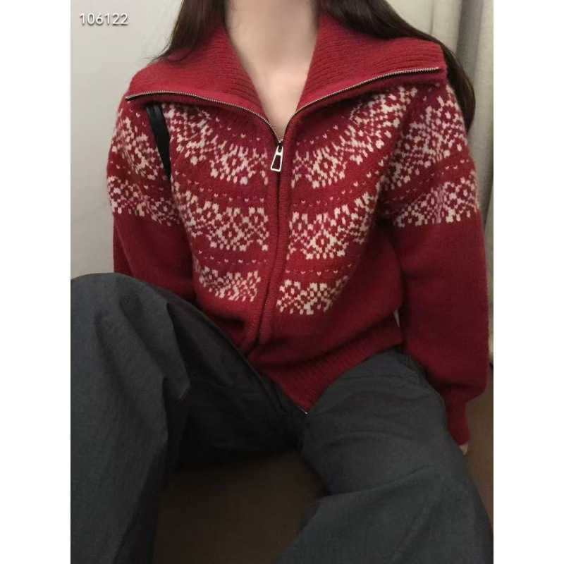 KANING Fair Isle Jacquard Zipper Knitted Cardigan 2025 Autumn Winter New Top Christmas Chic Sweater W251107