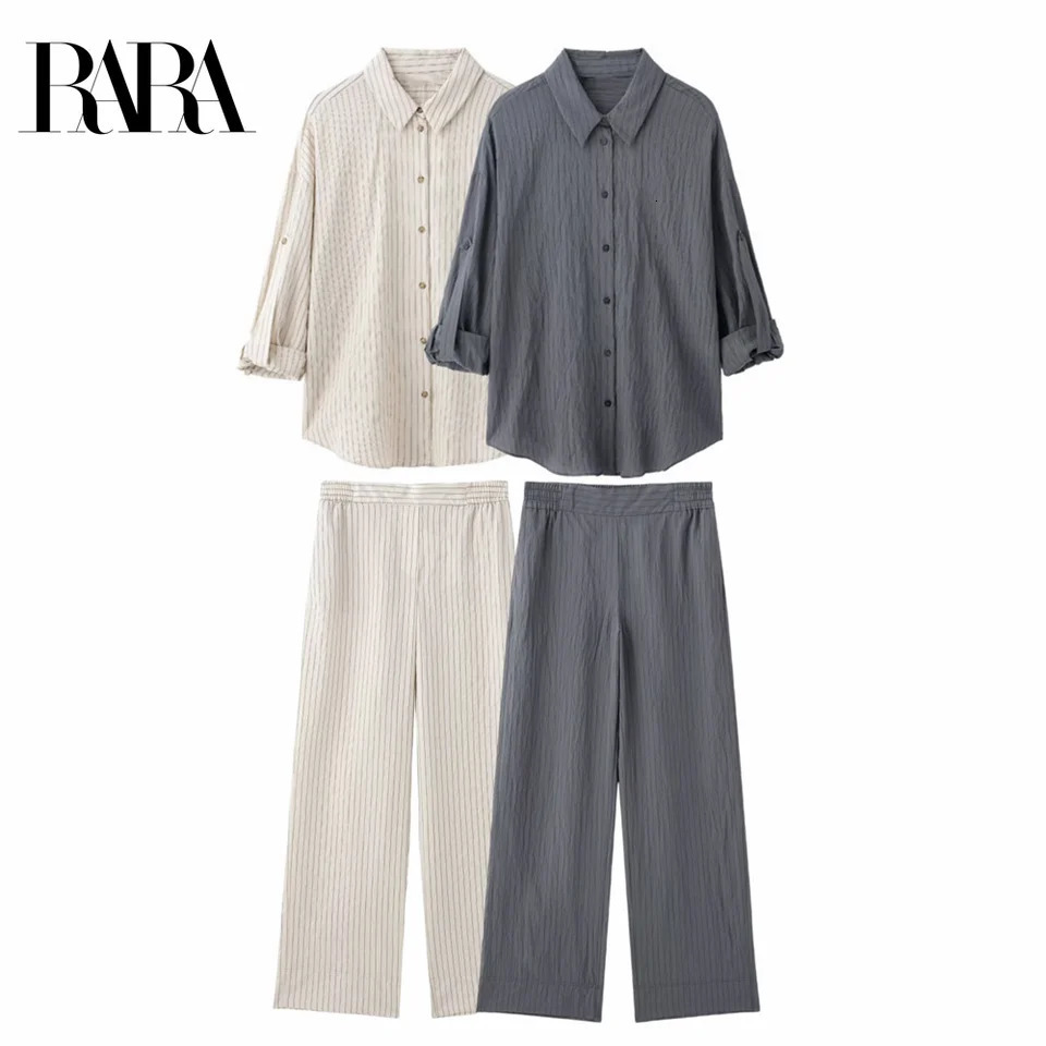 RARA womens collar button down sweater rolled up sleeves paired with wide leg pants set casual and comfortable 250407