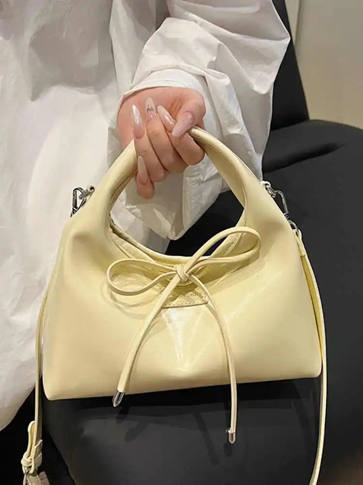 Light yellow Ins handbag womens fashionable bow decoration shoulder bag spring and summer PU leather cross body bag 250402